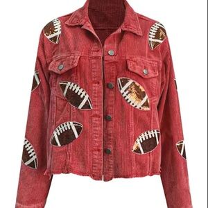 Red Corduroy Sequins Football Jacket Large